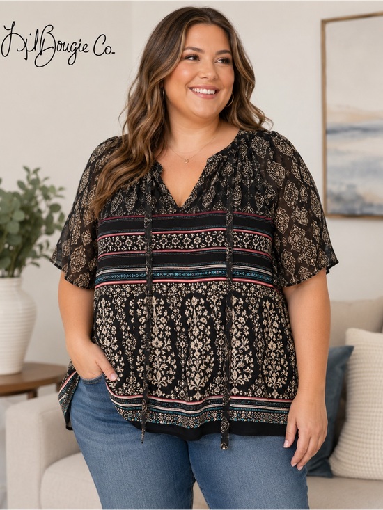 Cato Tops - Cato Black Boho Printed Split-Neck Flutter Sleeve Peasant Blouse - Size XXL
